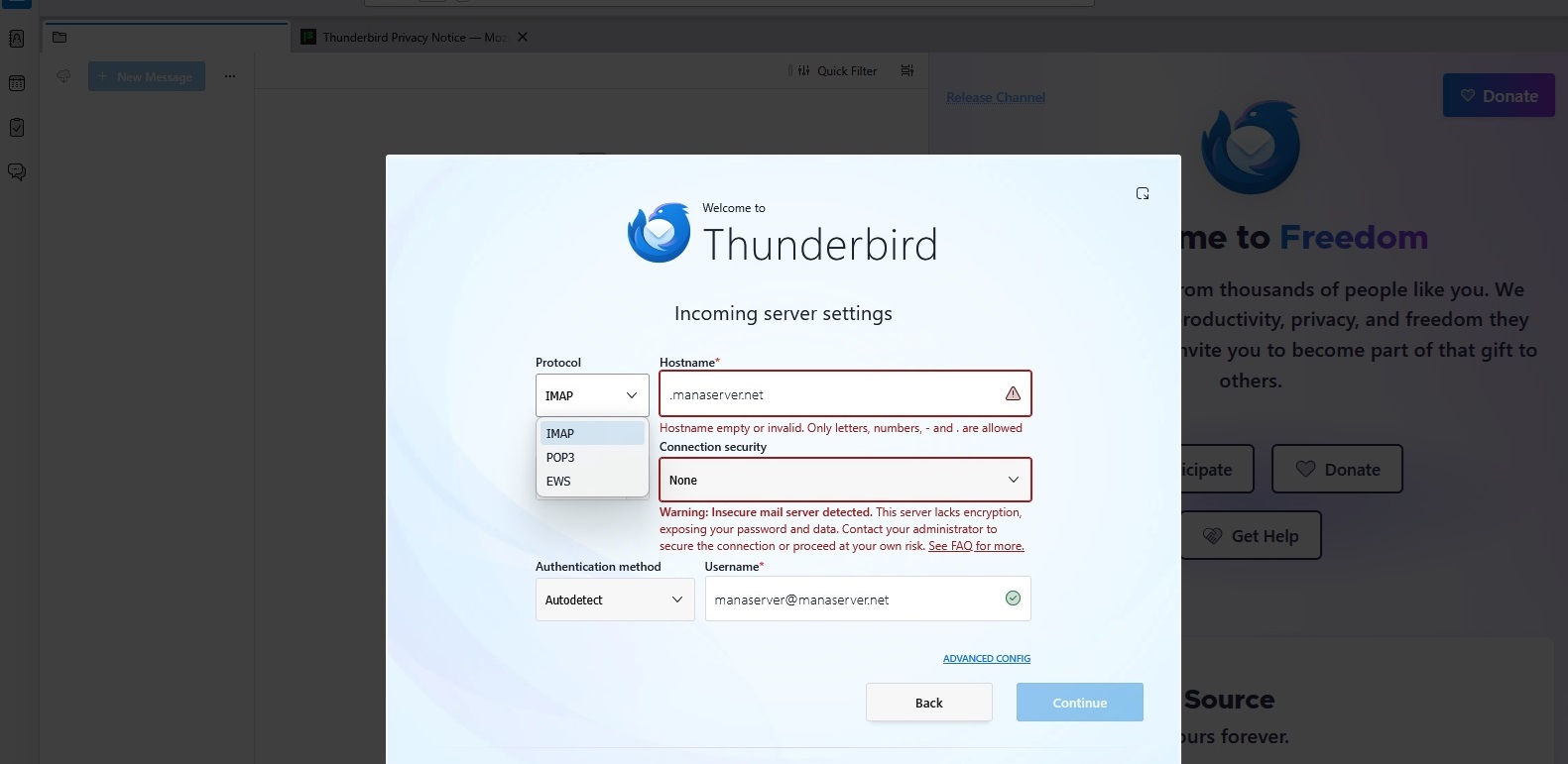 راهنمای کامل تنظیم ایمیل در نرم‌افزار Thunderbird - انتخاب نوع پروتکل