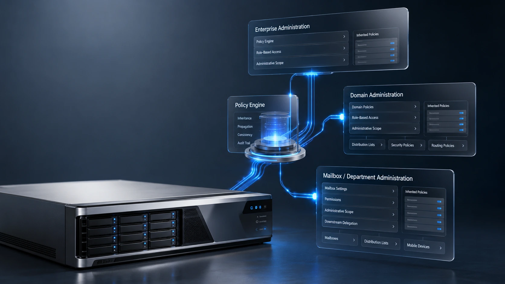 Ultra-premium corporate editorial hero illustration for an enterprise technology article about “Downstream Delegation in SmarterMail.” Scene: A sophisticated enterprise mail server sits in the lower-left quadrant, rendered like a premium Apple product with brushed aluminum, matte graphite, ceramic white, and polished glass materials. From the server, elegant SmarterMail-blue optical light paths (#0084FF) emerge and rise diagonally toward the upper-right, branching into a connected hierarchy of translucent “Liquid Glass” architectural panels. Visualize three connected management levels with no isolated sections: Enterprise Administration, Domain Administration, and Mailbox / Department Administration. Each level is represented through refined glass panels containing subtle interface fragments such as “Policy Engine,” “Role-Based Access,” “Administrative Scope,” “Inherited Policies,” “Domain Policies,” “Mailbox Settings,” “Permissions,” and “Downstream Delegation.” The panels should feel integrated into the architecture, not like large dashboards. At the center of the hierarchy, a glowing but elegant Policy Engine acts as the governance hub, visibly connected to every branch through optical pathways. Permission inheritance should feel architectural and fluid rather than diagrammatic. Composition: 16:9, asymmetrical layout, server occupying the lower-left third, hierarchy expanding diagonally to the upper-right, approximately 55% negative space for editorial headlines. Eye-level camera, 35mm lens, slight perspective, moderately shallow depth of field. Foreground server is razor sharp; upper hierarchy softens subtly. Lighting: Premium product-photography lighting with a top-left key light, soft environmental bounce, controlled specular highlights, soft cyan reflections on glass, gentle cinematic contrast. Color palette: deep navy background, graphite gray, matte black, white ceramic, soft cyan glass tint, restrained use of SmarterMail Blue (#0084FF). Minimalist, executive, calm, highly polished. Style: Corporate Editorial, Cinematic Realism, Enterprise Technology, Intelligent Minimalism, architectural visualization, Apple Enterprise aesthetic, Microsoft Azure / Microsoft 365 branding quality, Cloudflare editorial illustration style, ultra-clean industrial design. Ultra-realistic 8K render, physically based rendering (PBR), HDR lighting, commercial publication quality, crisp edge definition, noise-free, premium editorial finish. Avoid: hackers, hooded figures, shields, locks, padlocks, warning icons, cyberpunk, neon lighting, glowing circuit-board clichés, oversized dashboards, floating holograms, stock-photo look, logos, branding marks, text overlays, article titles, visual clutter, disconnected hierarchy levels, random server rooms.